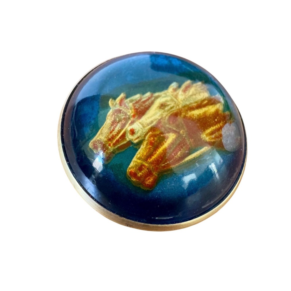 Vintage Golden Horse Brass Brooch Domed Cabochon Equestrian Pin Classic